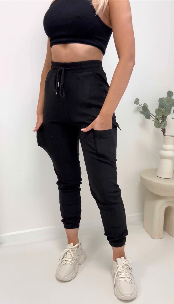 Plain Black Utility Cargo Joggers Trousers omgfashion