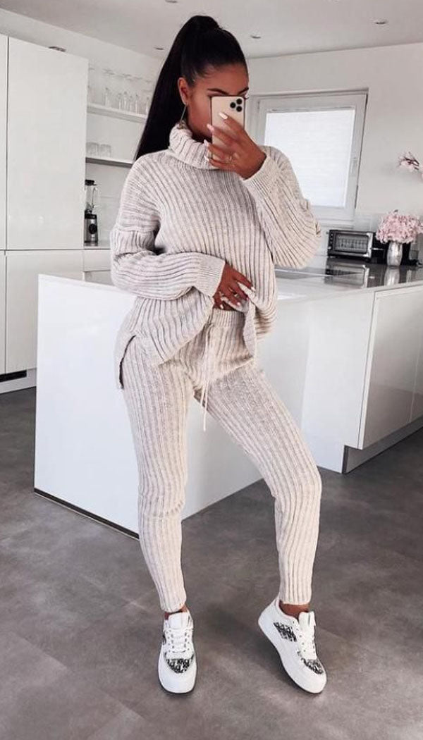 Womens Ladies Chunky Cable Knitted Co-ord Top Legging Loungewear