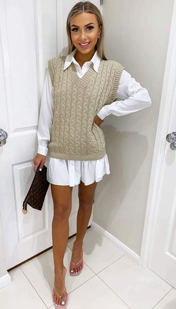 haxmnou women's cable knit crop sweater vest preppy style sleeveless v neck knitwear  tank tops khaki s 