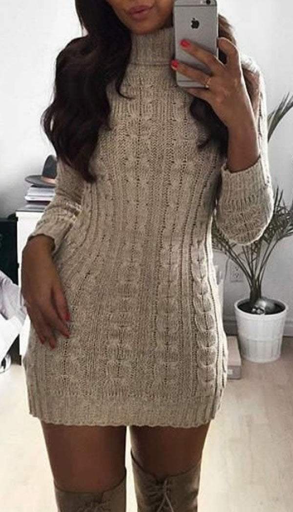 Cable Knitted Polo Neck Jumper Dress (50% SALE) –