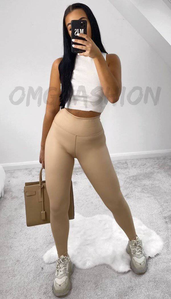 High Waisted Faux Leather Leggings In Beige –