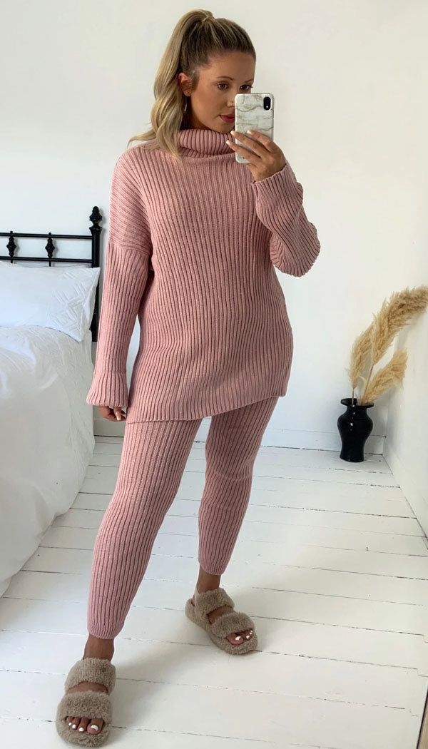 Roll Into Love Grey Ribbed Roll Neck Knitted Loungewear Co Ord Set