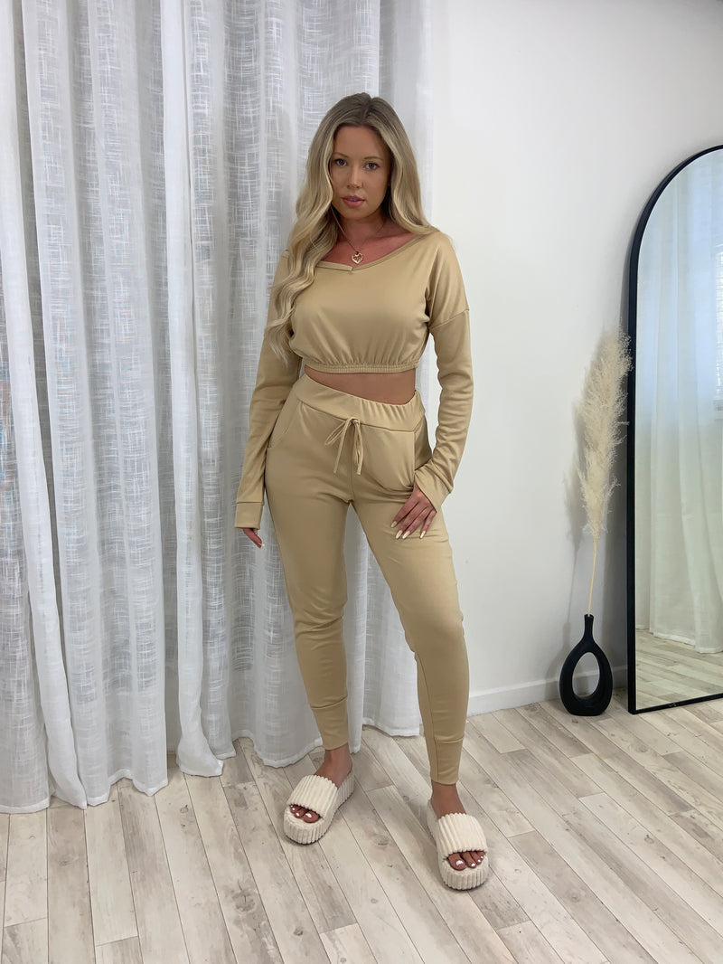 Cropped V Neck Two Piece Tracksuit