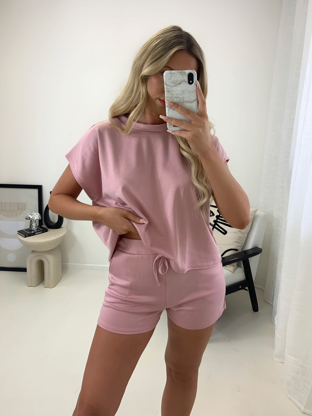 Short Sleeved Ruche Arm Ponti Jogger Two Piece Loungewear Set –