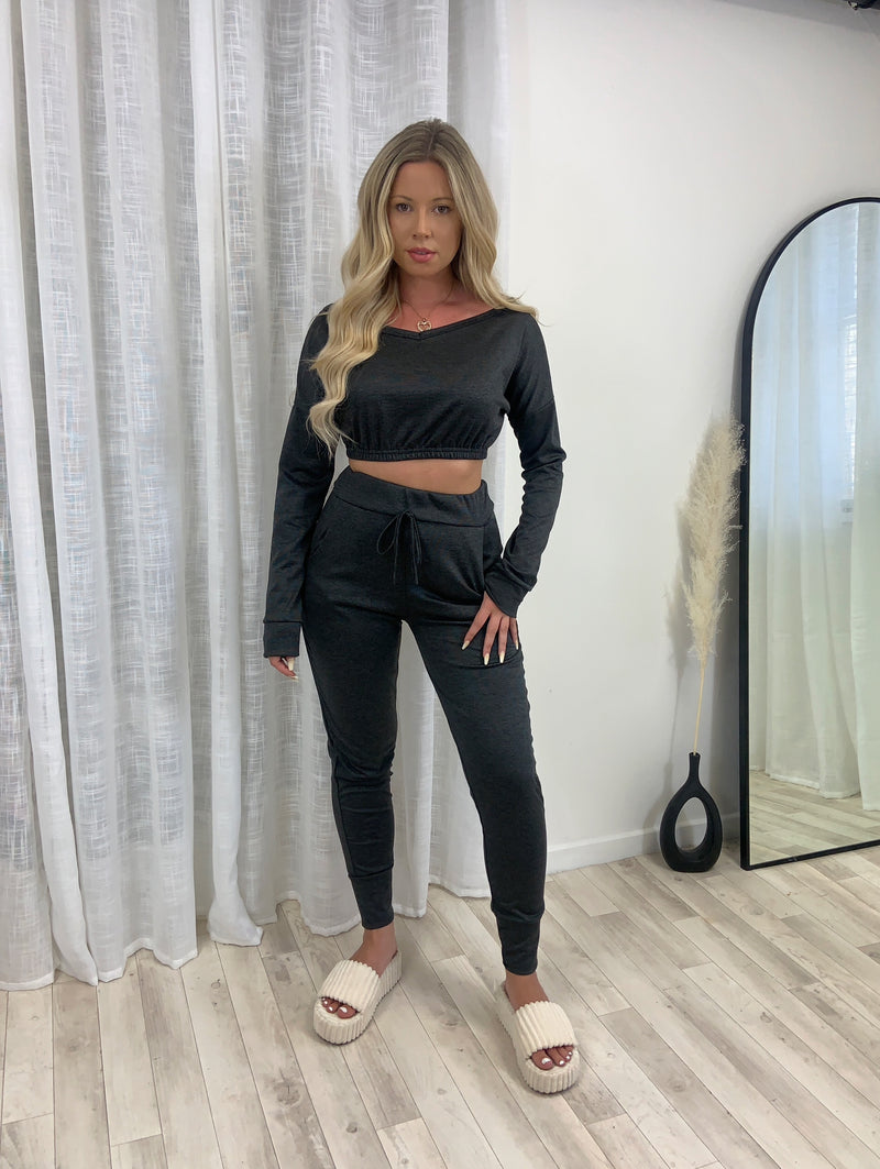 Cropped V Neck Two Piece Tracksuit