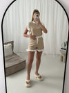 Ribbed Frill Sleeved Contrast With Shorts Co Ord Set