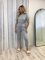 Short Sleeved Ruche Arm Ponti Jogger Two Piece Loungewear Set