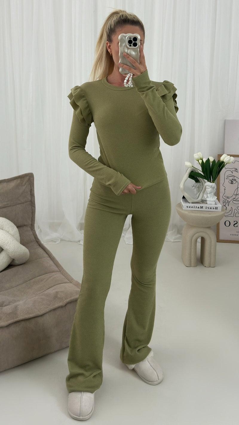 Rhi Rhi Frill Long Sleeved Ribbed Two Piece Lounge Set