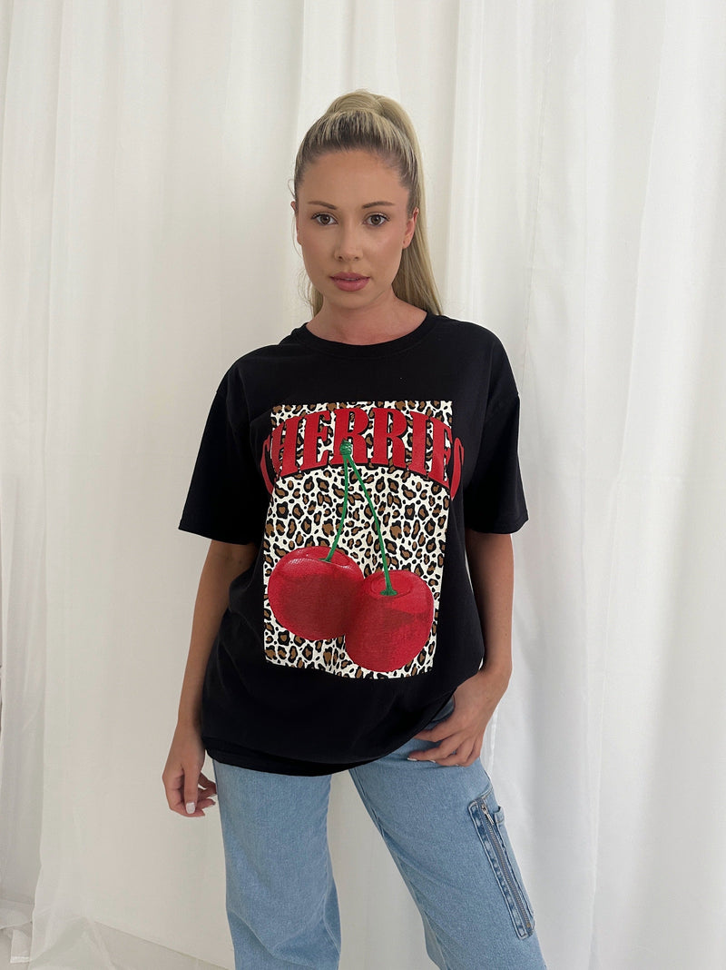 LEOPARD CHERRY Slogan T-Shirt