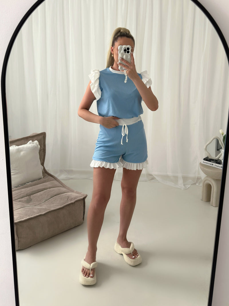 Ribbed Frill Sleeved Contrast With Shorts Co Ord Set