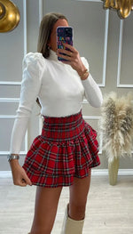 High Waisted RARA  Ruffle Mini Skirt Red Tartan