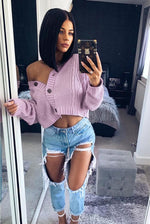 Cropped Button Knitted Cardigan with Long Sleeves - omgfashion.com
