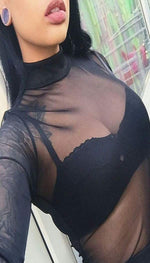 Long Sleeved Full Mesh Sheer Bodysuit Black - omgfashion.com