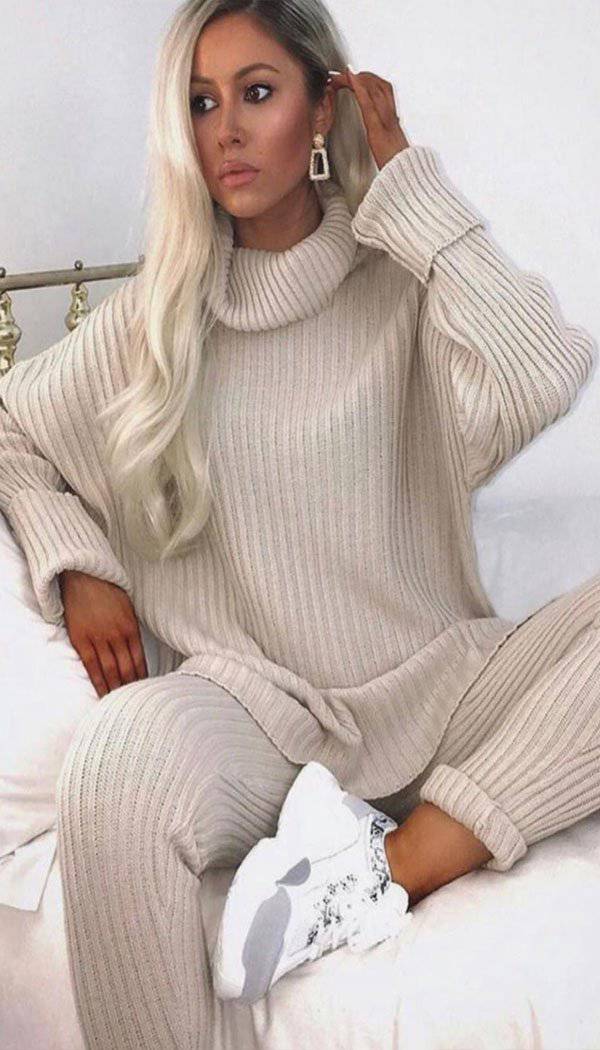 Chunky Ribbed Roll Neck Legging Co-ord Set (50% off sale) - omgfashion.com