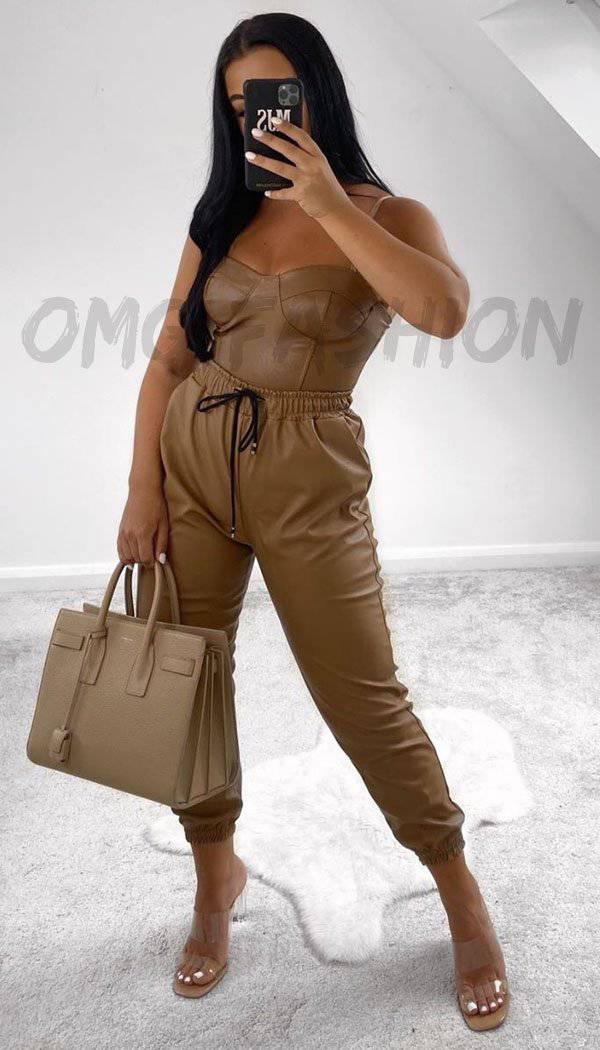 Faux Leather Look Joggers In Camel - omgfashion.com
