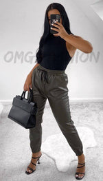 Faux Leather Look Joggers In Khaki - omgfashion.com