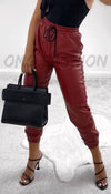 Faux Leather Look Joggers In Wine - omgfashion.com