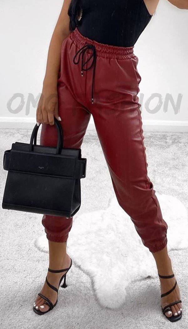 Faux Leather Look Joggers In Wine - omgfashion.com