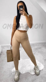 High Waisted Faux Leather Leggings In Beige - omgfashion.com