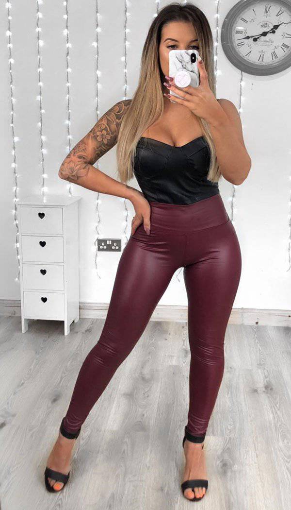 High Waisted Faux Leather Leggings In Wine - omgfashion.com