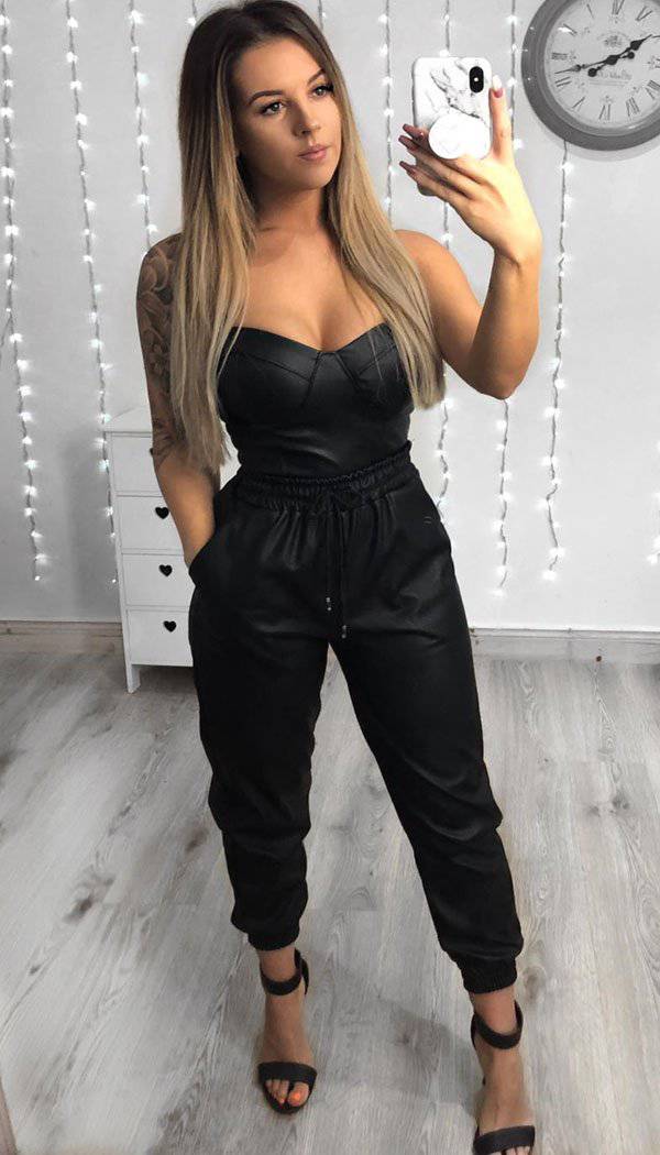 Leather Look Joggers In Black - omgfashion.com