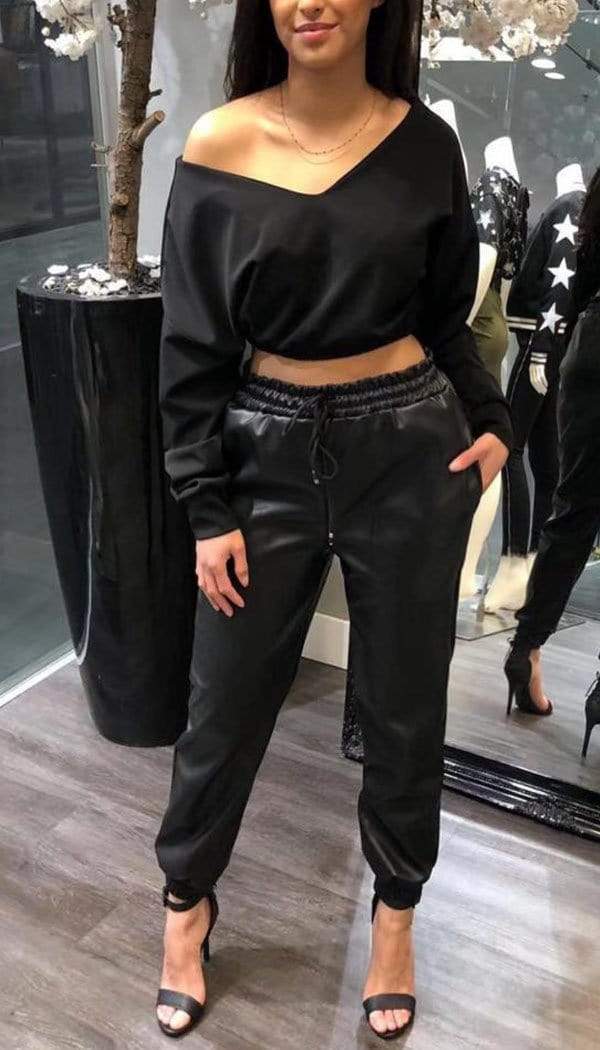 Leather Look Joggers In Black - omgfashion.com