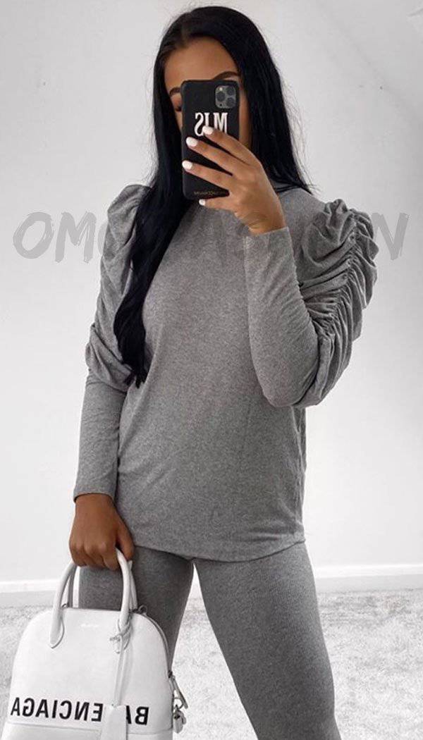 Ruched Sleeved Ribbed Lounge Wear Two Piece - omgfashion.com