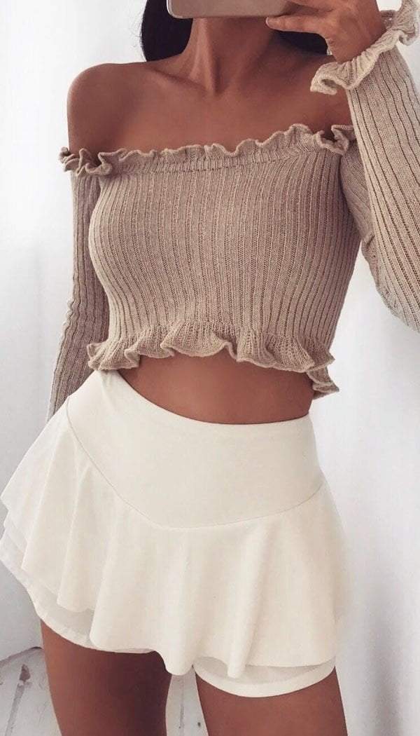 Knitted Ribbed Bardot Crop Top In Stone - omgfashion.com