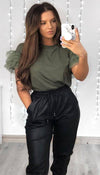 Tulle Puff Frill Sleeved T-Shirt In Khaki - omgfashion.com