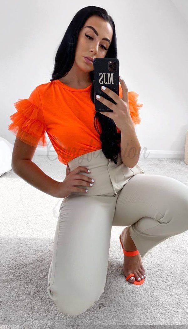 Tulle Puff Frill Sleeved T-Shirt In Neon Orange - omgfashion.com