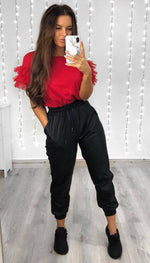 Tulle Puff Frill Sleeved T-Shirt In Red - omgfashion.com