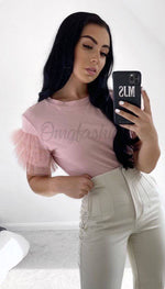 Tulle Puff Frill Sleeved T-Shirt In Rose - omgfashion.com