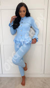 Peplum Ribbed  Button Two Piece Co-ord with Frill Sleeve and Hem - omgfashion.com
