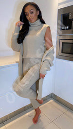 3 Piece Loungewear Ribbed Knitted Set - Leggings, Vest Top and Cardigan - omgfashion.com