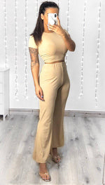 Short Sleeved Ribbed Trouser Two Piece Set - omgfashion.com