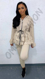 Zip Tied Peplum Two Piece Co-ord with Hoodie and Frill Sleeve - omgfashion.com