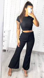 Short Sleeved Ribbed Trouser Two Piece Set - omgfashion.com
