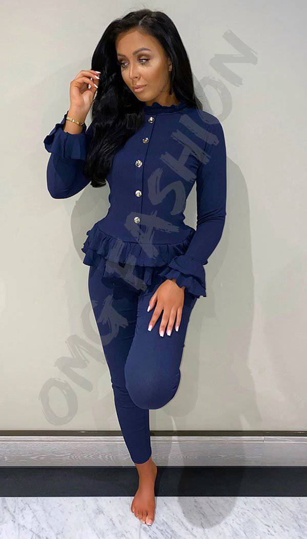 women Frill Trim Peplum Top And Pants Set women (Color : Navy Blue, Size :  M) : Buy Online at Best Price in KSA - Souq is now : Fashion
