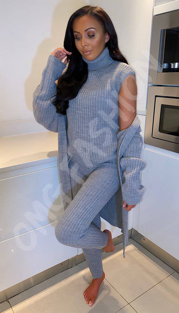 3 Piece Loungewear Ribbed Knitted Set - Leggings, Vest Top