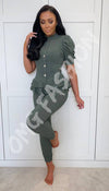 Leggings and Short Sleeved Top Ribbed Button Peplum Two Piece Co-ord - omgfashion.com