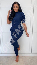 Leggings and Short Sleeved Top Ribbed Button Peplum Two Piece Co-ord - omgfashion.com