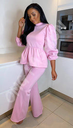 The Dolce Puffe Sleeved Flared Bottoms Two Piece Peplum Set - omgfashion.com