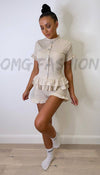 Shorts and Short Sleeved Ribbed Button Top Peplum Two Piece Co-ord - omgfashion.com