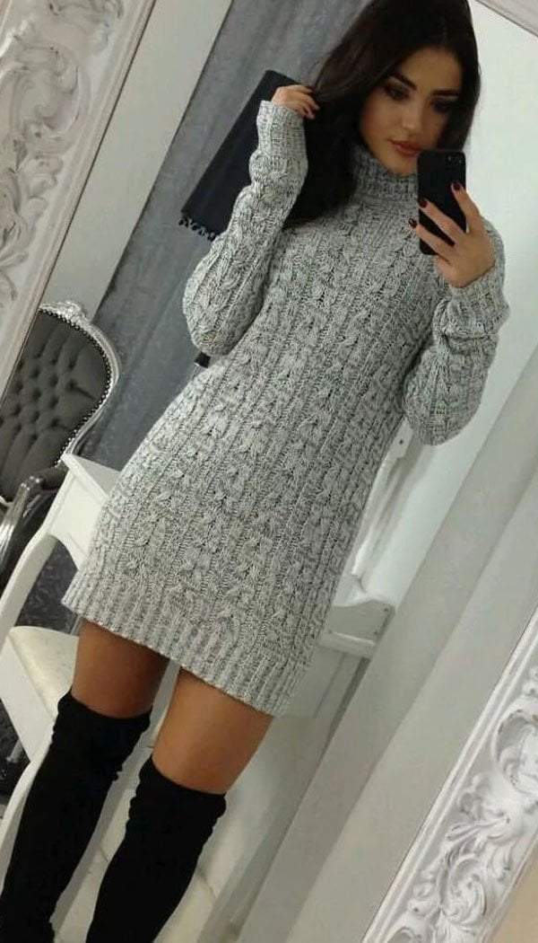PLUS SIZE Cable Knitted Polo Neck Jumper Dress –