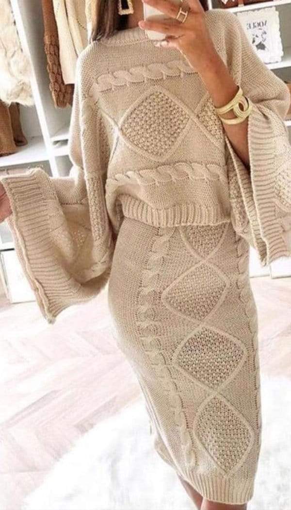 Chunky Two Piece Cable Knitted Skirt Co-ord Set - omgfashion.com