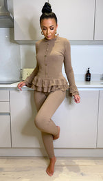 Peplum Ribbed  Button Two Piece Co-ord with Frill Sleeve and Hem - omgfashion.com