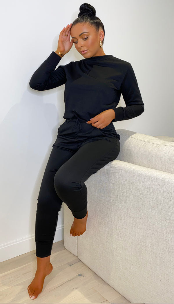 Black Long Sleeve Top and Drawstring Pants Lounge Outfit Set, 2 Piece –  KesleyBoutique