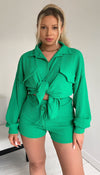 Long Sleeved Button Shirt and Short Ribbed Two Piece Set - omgfashion.com