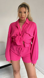 Long Sleeved Button Shirt and Short Ribbed Two Piece Set - omgfashion.com