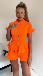 Shorts and Short Sleeved Ribbed Button Top Peplum Two Piece Co-ord